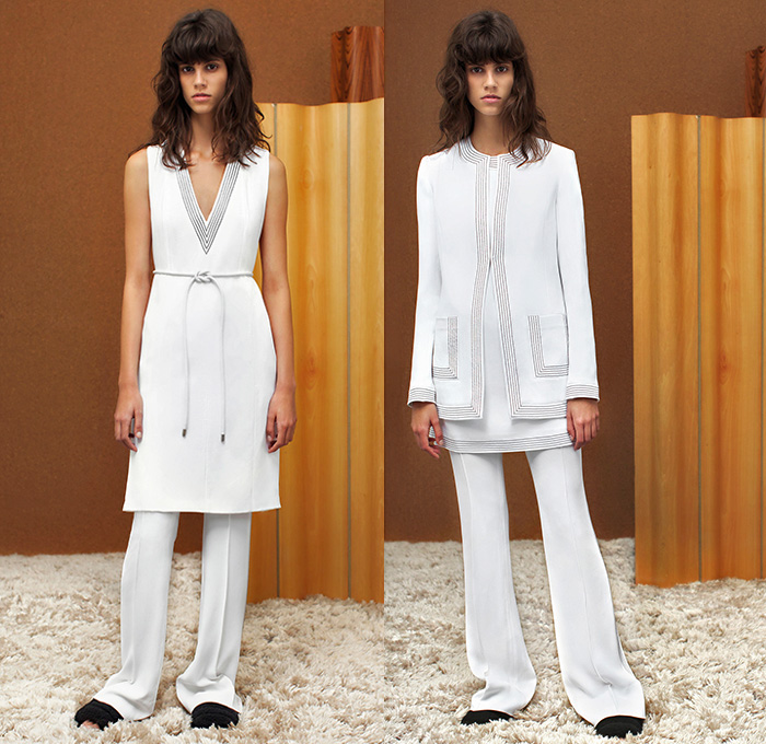 EDUN 2015 Pre Fall Autumn Womens Lookbook Presentation - Geometric Mesh Flare Checkerboard Furry Coat Rope Waist Pinstripe Button Adornments Interpolated Pants Trousers Dress Outerwear Jacket Coatdress Skirt Frock Leaf Pleats V-Neck White Ensemble Embroidery 3D Embellishments Stripes Pantsuit Vest