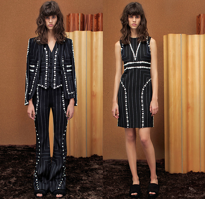 EDUN 2015 Pre Fall Autumn Womens Lookbook Presentation - Geometric Mesh Flare Checkerboard Furry Coat Rope Waist Pinstripe Button Adornments Interpolated Pants Trousers Dress Outerwear Jacket Coatdress Skirt Frock Leaf Pleats V-Neck White Ensemble Embroidery 3D Embellishments Stripes Pantsuit Vest