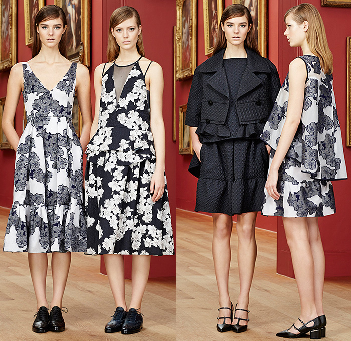 Erdem Moralioglu 2015 Pre Fall Autumn Womens Lookbook Presentation - Jacquard Lace Bejeweled Diamond Flowers Embroidery Mesh Knit Furry Trench Coat Wide Leg Sailor Pants Trousers Blazer Outerwear Coat Ornamental Print Decorative Art 3D Embellishments Adornments Flowers Florals Print Pattern Rollneck Leather Peacoat Ribbon Stripes Frock Midi Skirt Scarf Maxi Dress Goddess Gown Feathers Sheer Chiffon