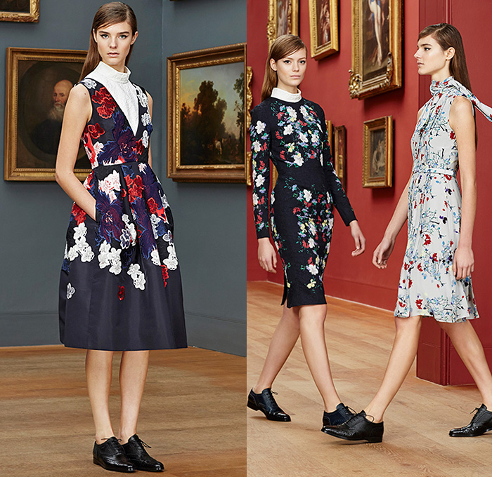 Erdem Moralioglu 2015 Pre Fall Autumn Womens Lookbook Presentation - Jacquard Lace Bejeweled Diamond Flowers Embroidery Mesh Knit Furry Trench Coat Wide Leg Sailor Pants Trousers Blazer Outerwear Coat Ornamental Print Decorative Art 3D Embellishments Adornments Flowers Florals Print Pattern Rollneck Leather Peacoat Ribbon Stripes Frock Midi Skirt Scarf Maxi Dress Goddess Gown Feathers Sheer Chiffon