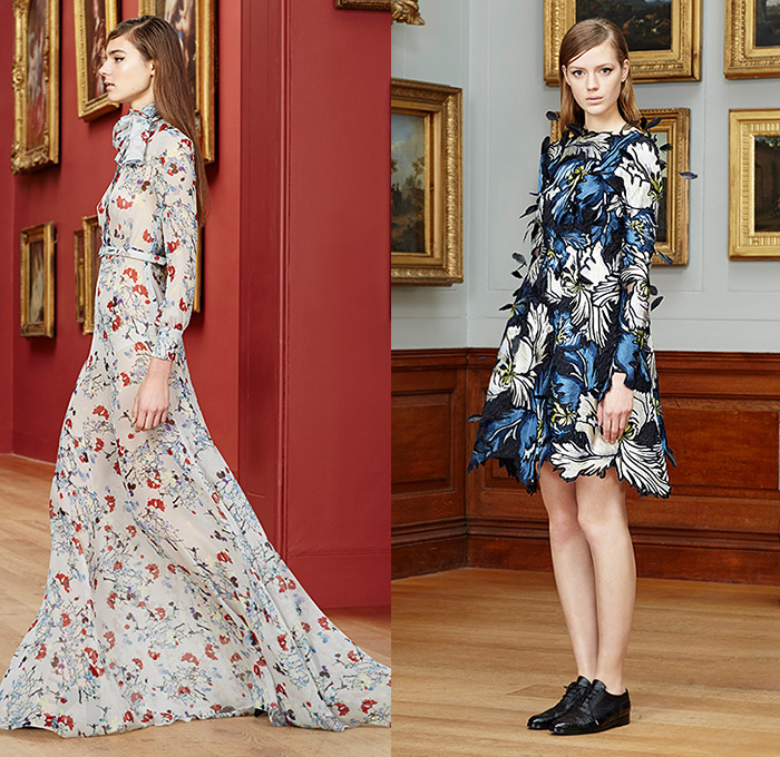 Erdem Moralioglu 2015 Pre Fall Autumn Womens Lookbook Presentation - Jacquard Lace Bejeweled Diamond Flowers Embroidery Mesh Knit Furry Trench Coat Wide Leg Sailor Pants Trousers Blazer Outerwear Coat Ornamental Print Decorative Art 3D Embellishments Adornments Flowers Florals Print Pattern Rollneck Leather Peacoat Ribbon Stripes Frock Midi Skirt Scarf Maxi Dress Goddess Gown Feathers Sheer Chiffon