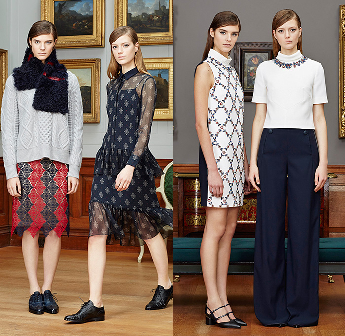 Erdem Moralioglu 2015 Pre Fall Autumn Womens Lookbook Presentation - Jacquard Lace Bejeweled Diamond Flowers Embroidery Mesh Knit Furry Trench Coat Wide Leg Sailor Pants Trousers Blazer Outerwear Coat Ornamental Print Decorative Art 3D Embellishments Adornments Flowers Florals Print Pattern Rollneck Leather Peacoat Ribbon Stripes Frock Midi Skirt Scarf Maxi Dress Goddess Gown Feathers Sheer Chiffon