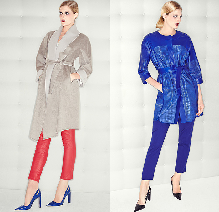 Escada 2015 Pre Fall Autumn Womens Lookbook Presentation - Coat Pantsuit Jacquard Leather Dress Stripes Houndstooth Scarf Silk Vines Embroidery Outerwear Cropped Slim Pants Trousers Leggings Blazer Jacket Heels Flowers Florals Leaves Foliage Embossed A-line Turtleneck Ribbon Sash Waist Sheer Chiffon Wrap Gown Strapless Fringes Drapery