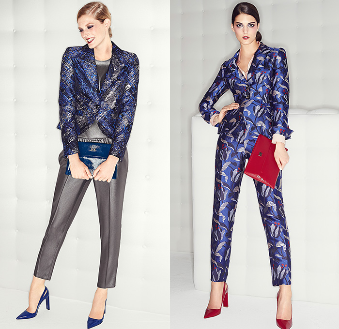 Escada 2015 Pre Fall Autumn Womens Lookbook Presentation - Coat Pantsuit Jacquard Leather Dress Stripes Houndstooth Scarf Silk Vines Embroidery Outerwear Cropped Slim Pants Trousers Leggings Blazer Jacket Heels Flowers Florals Leaves Foliage Embossed A-line Turtleneck Ribbon Sash Waist Sheer Chiffon Wrap Gown Strapless Fringes Drapery