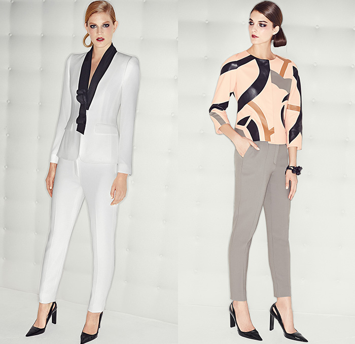 Escada 2015 Pre Fall Autumn Womens Lookbook Presentation - Coat Pantsuit Jacquard Leather Dress Stripes Houndstooth Scarf Silk Vines Embroidery Outerwear Cropped Slim Pants Trousers Leggings Blazer Jacket Heels Flowers Florals Leaves Foliage Embossed A-line Turtleneck Ribbon Sash Waist Sheer Chiffon Wrap Gown Strapless Fringes Drapery