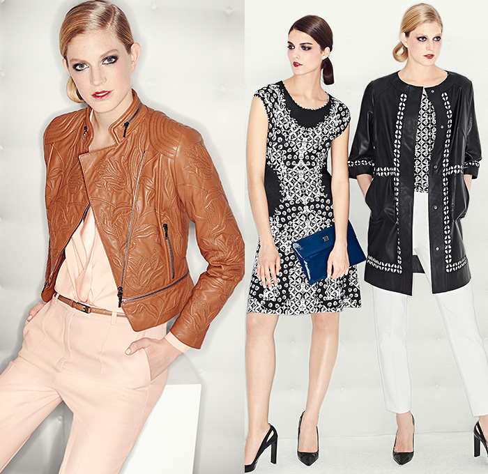 Escada 2015 Pre Fall Autumn Womens Lookbook Presentation - Coat Pantsuit Jacquard Leather Dress Stripes Houndstooth Scarf Silk Vines Embroidery Outerwear Cropped Slim Pants Trousers Leggings Blazer Jacket Heels Flowers Florals Leaves Foliage Embossed A-line Turtleneck Ribbon Sash Waist Sheer Chiffon Wrap Gown Strapless Fringes Drapery