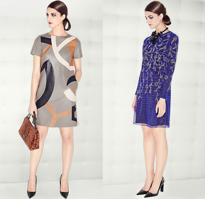 Escada 2015 Pre Fall Autumn Womens Lookbook Presentation - Coat Pantsuit Jacquard Leather Dress Stripes Houndstooth Scarf Silk Vines Embroidery Outerwear Cropped Slim Pants Trousers Leggings Blazer Jacket Heels Flowers Florals Leaves Foliage Embossed A-line Turtleneck Ribbon Sash Waist Sheer Chiffon Wrap Gown Strapless Fringes Drapery