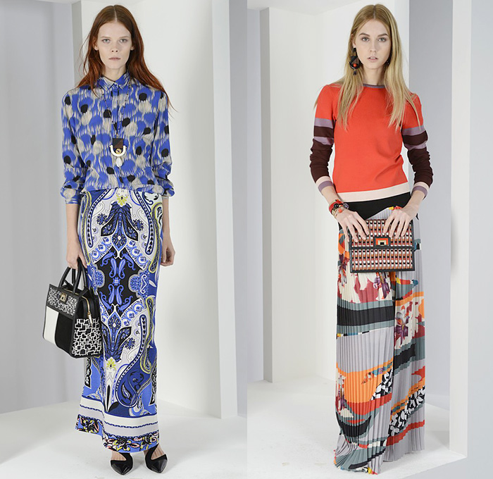 Etro 2015 Pre Fall Autumn Womens Lookbook Presentation - Ornamental Print Blouse Maxi Skirt Frock Accordion Pleats Sweater Jumper Dress Foliage Wide Leg Palazzo Pants Paisley Furry Decorative Decorative Art Graphic Fauna Leaves Foliage Botanical Trousers Trainers Sneakers