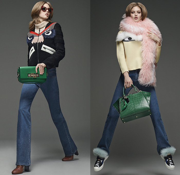 Fendi 2015 Pre Fall Autumn Womens Lookbook Presentation - Denim Jeans Mink Furry Eyes Coat Moto Biker Shearling Piano Keys Stripes Poncho Fringes Bejeweled Pop Art Outerwear Jacket Handbag Clutch Sweater Jumper Boots Motorcycle Rider Leather Racer Metallic Studs Handkerchief Hem Knit Miniskirt Pants Trousers Sneakers Dress Reptile Snake Python Flowers Florals Print Shawl Skirt Frock 3D Embellishments Vest