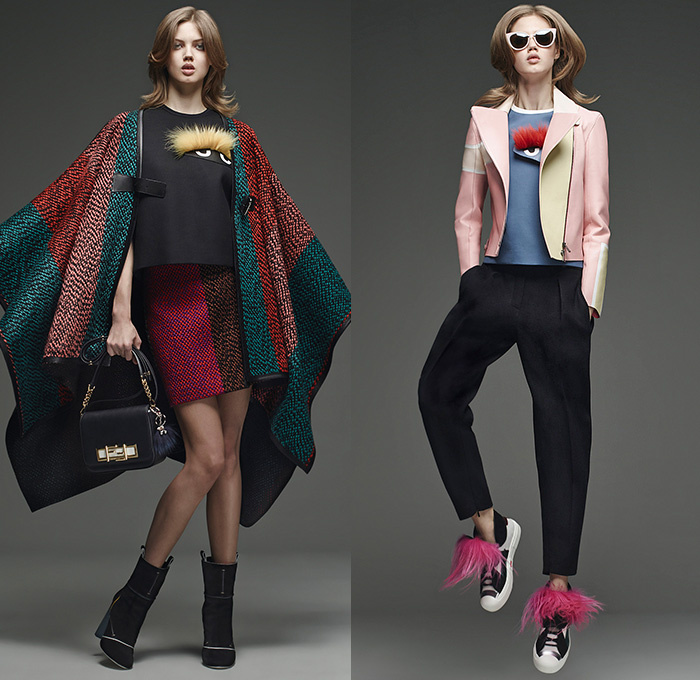 Fendi 2015 Pre Fall Autumn Womens Lookbook Presentation - Denim Jeans Mink Furry Eyes Coat Moto Biker Shearling Piano Keys Stripes Poncho Fringes Bejeweled Pop Art Outerwear Jacket Handbag Clutch Sweater Jumper Boots Motorcycle Rider Leather Racer Metallic Studs Handkerchief Hem Knit Miniskirt Pants Trousers Sneakers Dress Reptile Snake Python Flowers Florals Print Shawl Skirt Frock 3D Embellishments Vest