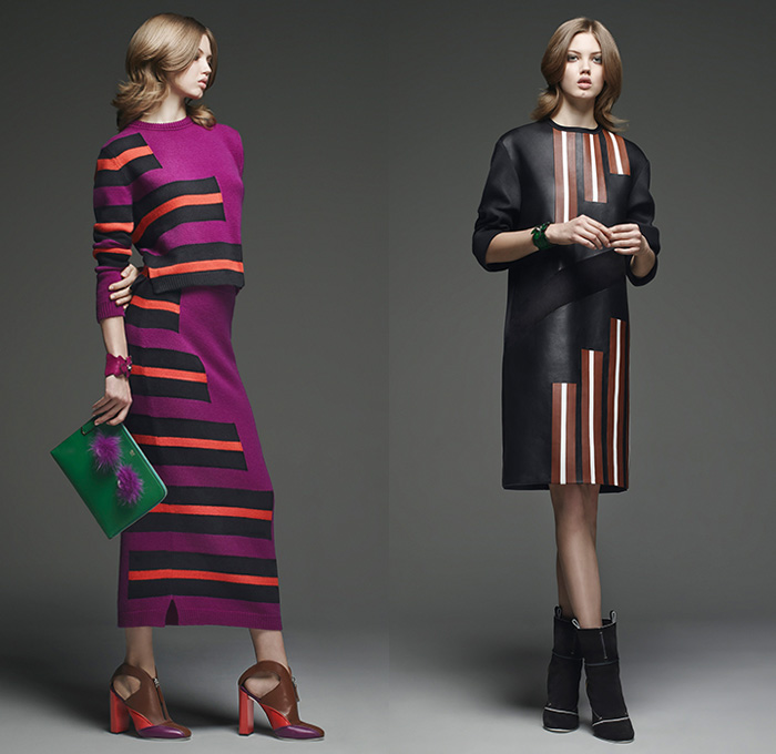 Fendi 2015 Pre Fall Autumn Womens Lookbook Presentation - Denim Jeans Mink Furry Eyes Coat Moto Biker Shearling Piano Keys Stripes Poncho Fringes Bejeweled Pop Art Outerwear Jacket Handbag Clutch Sweater Jumper Boots Motorcycle Rider Leather Racer Metallic Studs Handkerchief Hem Knit Miniskirt Pants Trousers Sneakers Dress Reptile Snake Python Flowers Florals Print Shawl Skirt Frock 3D Embellishments Vest