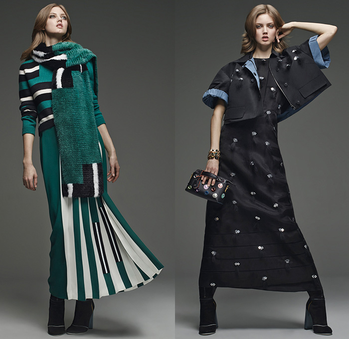 Fendi 2015 Pre Fall Autumn Womens Lookbook Presentation - Denim Jeans Mink Furry Eyes Coat Moto Biker Shearling Piano Keys Stripes Poncho Fringes Bejeweled Pop Art Outerwear Jacket Handbag Clutch Sweater Jumper Boots Motorcycle Rider Leather Racer Metallic Studs Handkerchief Hem Knit Miniskirt Pants Trousers Sneakers Dress Reptile Snake Python Flowers Florals Print Shawl Skirt Frock 3D Embellishments Vest