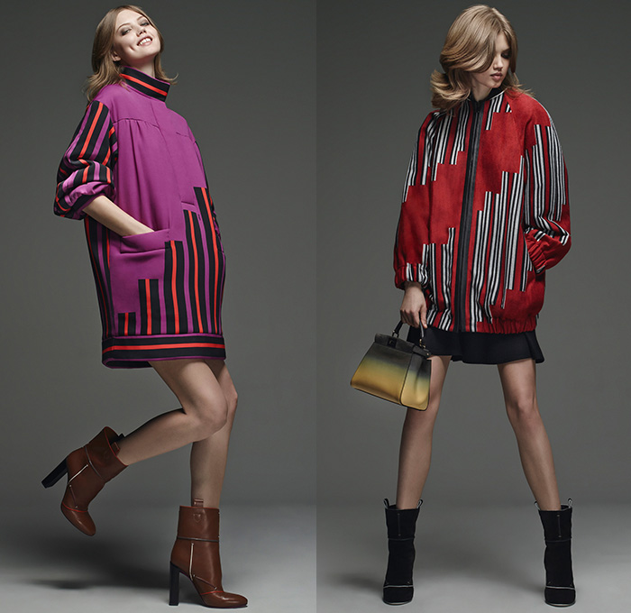 Fendi 2015 Pre Fall Autumn Womens Lookbook Presentation - Denim Jeans Mink Furry Eyes Coat Moto Biker Shearling Piano Keys Stripes Poncho Fringes Bejeweled Pop Art Outerwear Jacket Handbag Clutch Sweater Jumper Boots Motorcycle Rider Leather Racer Metallic Studs Handkerchief Hem Knit Miniskirt Pants Trousers Sneakers Dress Reptile Snake Python Flowers Florals Print Shawl Skirt Frock 3D Embellishments Vest