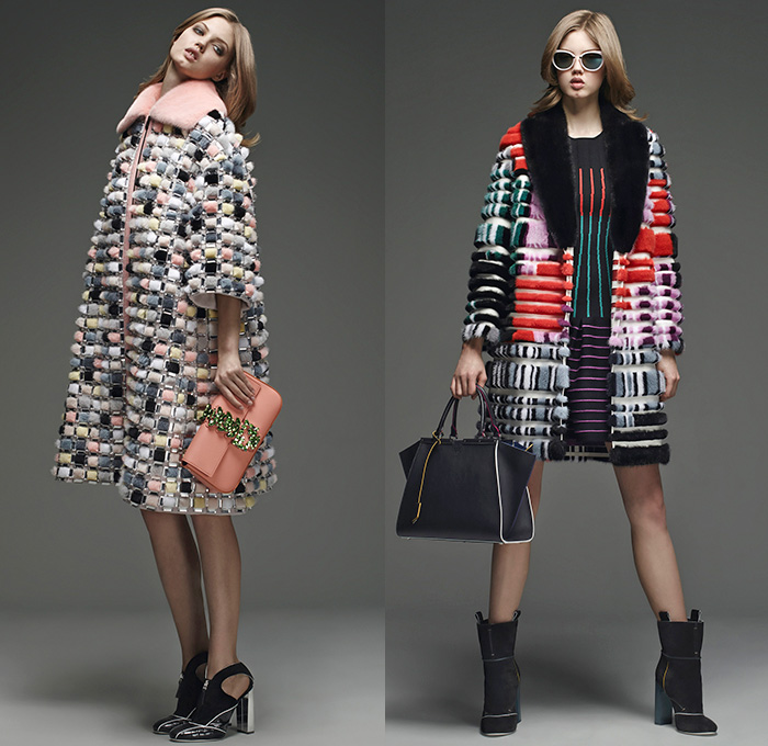 Fendi 2015 Pre Fall Autumn Womens Lookbook Presentation - Denim Jeans Mink Furry Eyes Coat Moto Biker Shearling Piano Keys Stripes Poncho Fringes Bejeweled Pop Art Outerwear Jacket Handbag Clutch Sweater Jumper Boots Motorcycle Rider Leather Racer Metallic Studs Handkerchief Hem Knit Miniskirt Pants Trousers Sneakers Dress Reptile Snake Python Flowers Florals Print Shawl Skirt Frock 3D Embellishments Vest