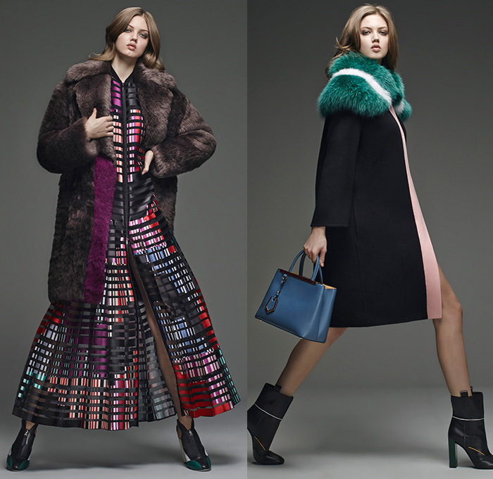 Fendi 2015 Pre Fall Autumn Womens Lookbook Presentation - Denim Jeans Mink Furry Eyes Coat Moto Biker Shearling Piano Keys Stripes Poncho Fringes Bejeweled Pop Art Outerwear Jacket Handbag Clutch Sweater Jumper Boots Motorcycle Rider Leather Racer Metallic Studs Handkerchief Hem Knit Miniskirt Pants Trousers Sneakers Dress Reptile Snake Python Flowers Florals Print Shawl Skirt Frock 3D Embellishments Vest