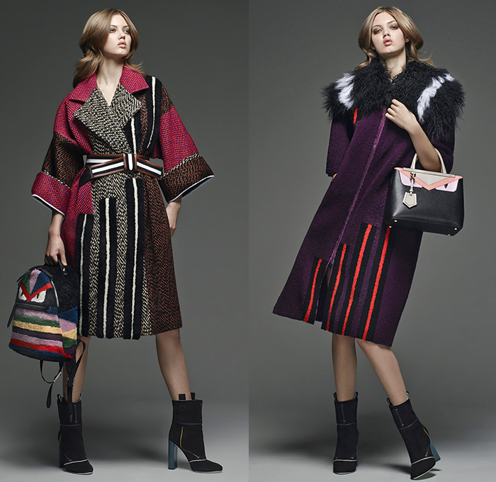 Fendi 2015 Pre Fall Autumn Womens Lookbook Presentation - Denim Jeans Mink Furry Eyes Coat Moto Biker Shearling Piano Keys Stripes Poncho Fringes Bejeweled Pop Art Outerwear Jacket Handbag Clutch Sweater Jumper Boots Motorcycle Rider Leather Racer Metallic Studs Handkerchief Hem Knit Miniskirt Pants Trousers Sneakers Dress Reptile Snake Python Flowers Florals Print Shawl Skirt Frock 3D Embellishments Vest