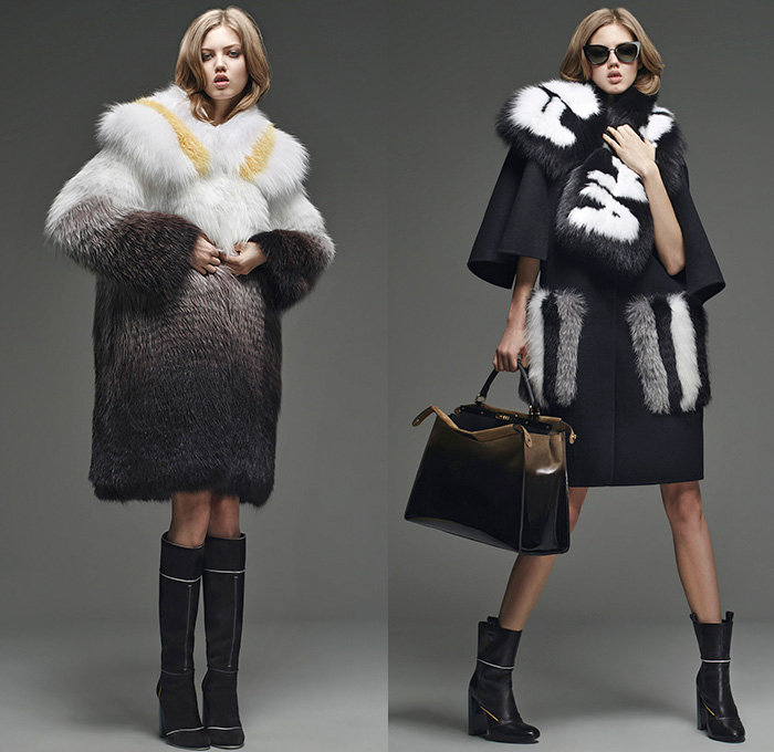 Fendi 2015 Pre Fall Autumn Womens Lookbook Presentation - Denim Jeans Mink Furry Eyes Coat Moto Biker Shearling Piano Keys Stripes Poncho Fringes Bejeweled Pop Art Outerwear Jacket Handbag Clutch Sweater Jumper Boots Motorcycle Rider Leather Racer Metallic Studs Handkerchief Hem Knit Miniskirt Pants Trousers Sneakers Dress Reptile Snake Python Flowers Florals Print Shawl Skirt Frock 3D Embellishments Vest