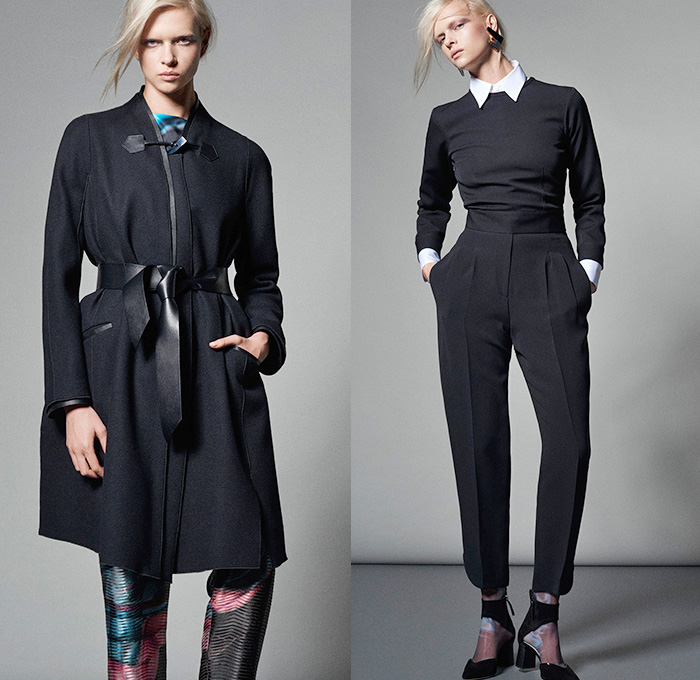 Giorgio Armani 2015 Pre Fall Autumn Womens Lookbook Presentation - Medieval Stitching Plates Embossed Engraved Leather Mesh Furry Pantsuit Lace Dress Leggings Outerwear Coat Wrap Sash Waist Sweater Jumper Shirt Blouse Cropped Pants Trousers Blazer Banded Strap Collar Skirt Panel Noodle Spaghetti Strap Crop Top Midriff Peel Away Fold Out Lapel Zipper Bag Handbag Pleats Silk Gown