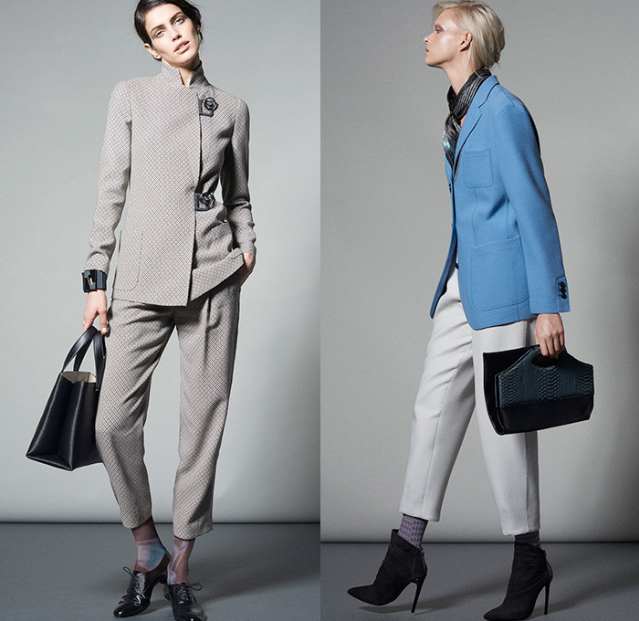 Giorgio Armani 2015 Pre Fall Autumn Womens Lookbook Presentation - Medieval Stitching Plates Embossed Engraved Leather Mesh Furry Pantsuit Lace Dress Leggings Outerwear Coat Wrap Sash Waist Sweater Jumper Shirt Blouse Cropped Pants Trousers Blazer Banded Strap Collar Skirt Panel Noodle Spaghetti Strap Crop Top Midriff Peel Away Fold Out Lapel Zipper Bag Handbag Pleats Silk Gown