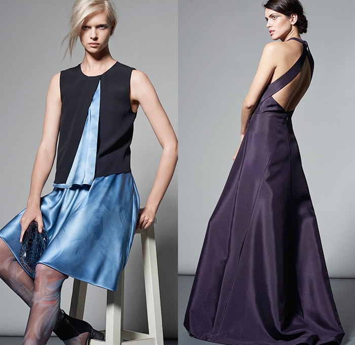 Giorgio Armani 2015 Pre Fall Autumn Womens Lookbook Presentation - Medieval Stitching Plates Embossed Engraved Leather Mesh Furry Pantsuit Lace Dress Leggings Outerwear Coat Wrap Sash Waist Sweater Jumper Shirt Blouse Cropped Pants Trousers Blazer Banded Strap Collar Skirt Panel Noodle Spaghetti Strap Crop Top Midriff Peel Away Fold Out Lapel Zipper Bag Handbag Pleats Silk Gown