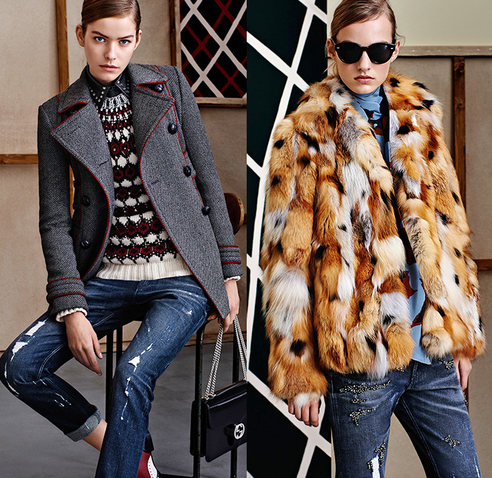 Gucci 2015 Pre Fall Autumn Womens Lookbook Presentation - Denim Jeans 1960s Sixties 1970s Seventies 3D Embellishments Coat Knit Furry Suede Flare Windowpane Check Blousedress Accordion Pleats Hippie Bohemian Embroidery Adornments Bejeweled Outerwear Jacket Peacoat Sweater Jumper Scarf Ribbon Cropped Pants Trousers Ornamental Print Decorative Art Brogues Studs Dress Shirtdress Wrap Gown Fauna Foliage Print