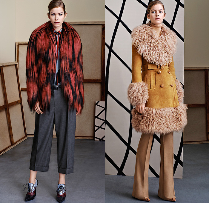 Gucci 2015 Pre Fall Autumn Womens Lookbook Presentation - Denim Jeans 1960s Sixties 1970s Seventies 3D Embellishments Coat Knit Furry Suede Flare Windowpane Check Blousedress Accordion Pleats Hippie Bohemian Embroidery Adornments Bejeweled Outerwear Jacket Peacoat Sweater Jumper Scarf Ribbon Cropped Pants Trousers Ornamental Print Decorative Art Brogues Studs Dress Shirtdress Wrap Gown Fauna Foliage Print