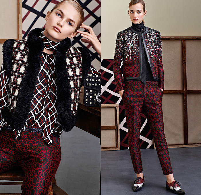 Gucci 2015 Pre Fall Autumn Womens Lookbook Presentation - Denim Jeans 1960s Sixties 1970s Seventies 3D Embellishments Coat Knit Furry Suede Flare Windowpane Check Blousedress Accordion Pleats Hippie Bohemian Embroidery Adornments Bejeweled Outerwear Jacket Peacoat Sweater Jumper Scarf Ribbon Cropped Pants Trousers Ornamental Print Decorative Art Brogues Studs Dress Shirtdress Wrap Gown Fauna Foliage Print