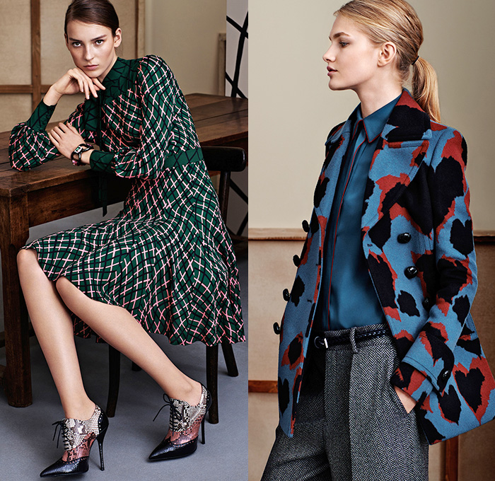 Gucci 2015 Pre Fall Autumn Womens Lookbook Presentation - Denim Jeans 1960s Sixties 1970s Seventies 3D Embellishments Coat Knit Furry Suede Flare Windowpane Check Blousedress Accordion Pleats Hippie Bohemian Embroidery Adornments Bejeweled Outerwear Jacket Peacoat Sweater Jumper Scarf Ribbon Cropped Pants Trousers Ornamental Print Decorative Art Brogues Studs Dress Shirtdress Wrap Gown Fauna Foliage Print