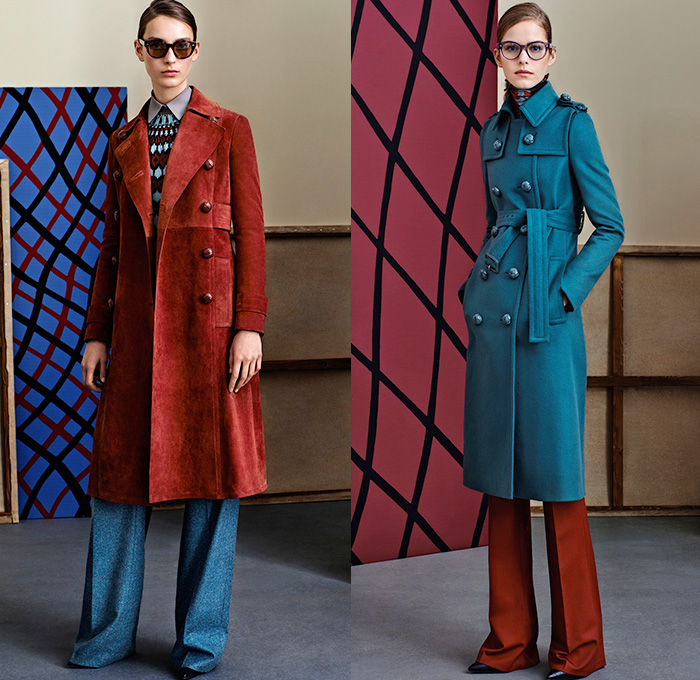 Gucci 2015 Pre Fall Autumn Womens Lookbook Presentation - Denim Jeans 1960s Sixties 1970s Seventies 3D Embellishments Coat Knit Furry Suede Flare Windowpane Check Blousedress Accordion Pleats Hippie Bohemian Embroidery Adornments Bejeweled Outerwear Jacket Peacoat Sweater Jumper Scarf Ribbon Cropped Pants Trousers Ornamental Print Decorative Art Brogues Studs Dress Shirtdress Wrap Gown Fauna Foliage Print