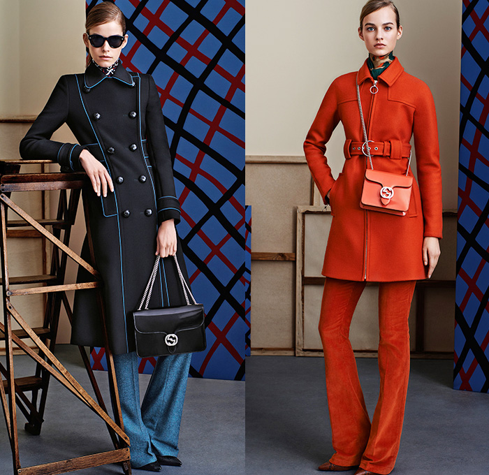 Gucci 2015 Pre Fall Autumn Womens Lookbook Presentation - Denim Jeans 1960s Sixties 1970s Seventies 3D Embellishments Coat Knit Furry Suede Flare Windowpane Check Blousedress Accordion Pleats Hippie Bohemian Embroidery Adornments Bejeweled Outerwear Jacket Peacoat Sweater Jumper Scarf Ribbon Cropped Pants Trousers Ornamental Print Decorative Art Brogues Studs Dress Shirtdress Wrap Gown Fauna Foliage Print