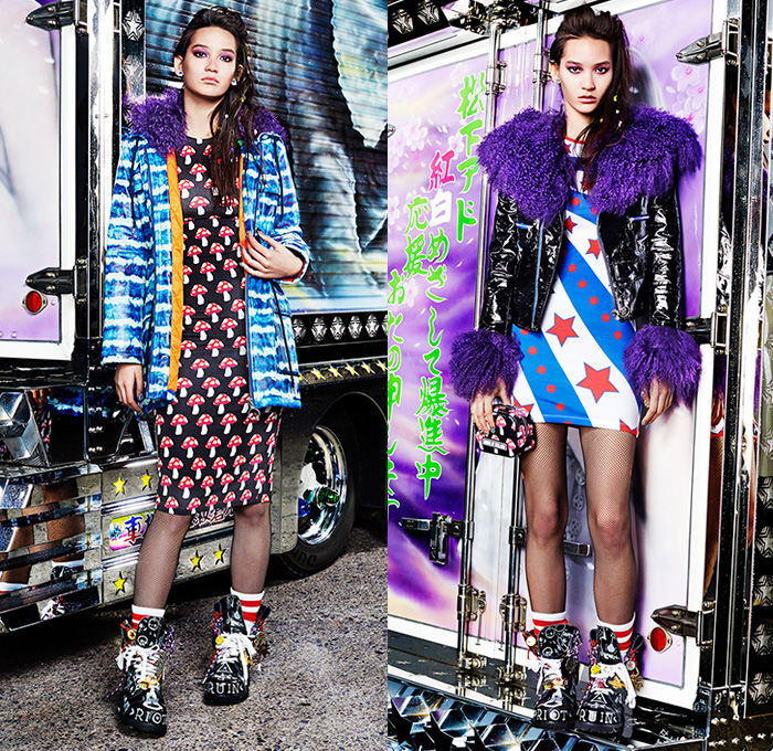 House of Holland 2015 Pre Fall Autumn Womens Lookbook Presentation - Denim Jeans Mushroom Pop Art Street Kimono Tartan Plaid Houndstooth Fringes Cutout Sequins Graffiti Doodle Scribbles Drawings Sketches Raw Hem Frayed Crop Top Midriff Streetwear Outerwear Jacket Furry Coat Fishnet Skirt Frock Sweater Jumper Handkerchief Hem Sheer Chiffon Bib Tankdress Ruffles Lace Up Cutout