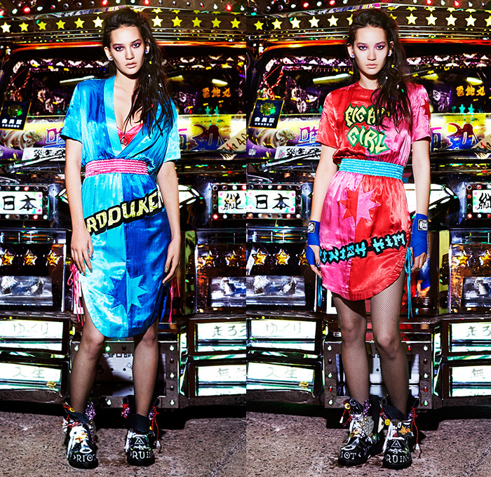 House of Holland 2015 Pre Fall Autumn Womens Lookbook Presentation - Denim Jeans Mushroom Pop Art Street Kimono Tartan Plaid Houndstooth Fringes Cutout Sequins Graffiti Doodle Scribbles Drawings Sketches Raw Hem Frayed Crop Top Midriff Streetwear Outerwear Jacket Furry Coat Fishnet Skirt Frock Sweater Jumper Handkerchief Hem Sheer Chiffon Bib Tankdress Ruffles Lace Up Cutout