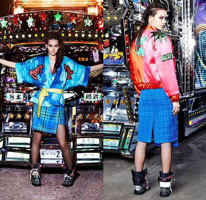 House of Holland 2015 Pre Fall Autumn Womens Lookbook Presentation - Denim Jeans Mushroom Pop Art Street Kimono Tartan Plaid Houndstooth Fringes Cutout Sequins Graffiti Doodle Scribbles Drawings Sketches Raw Hem Frayed Crop Top Midriff Streetwear Outerwear Jacket Furry Coat Fishnet Skirt Frock Sweater Jumper Handkerchief Hem Sheer Chiffon Bib Tankdress Ruffles Lace Up Cutout