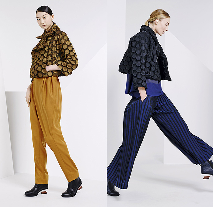 Issey Miyake 2015 Pre Fall Autumn Womens Lookbook Presentation - Honeycomb Geometric Oversized Coat Accordion Pleats Dress Stripes Wrap Hat Jacket Wide Leg Palazzo Pants Slim Tapered Trousers Leggings Bag Purse Sheer Chiffon Organic Sash Waist Ribbed