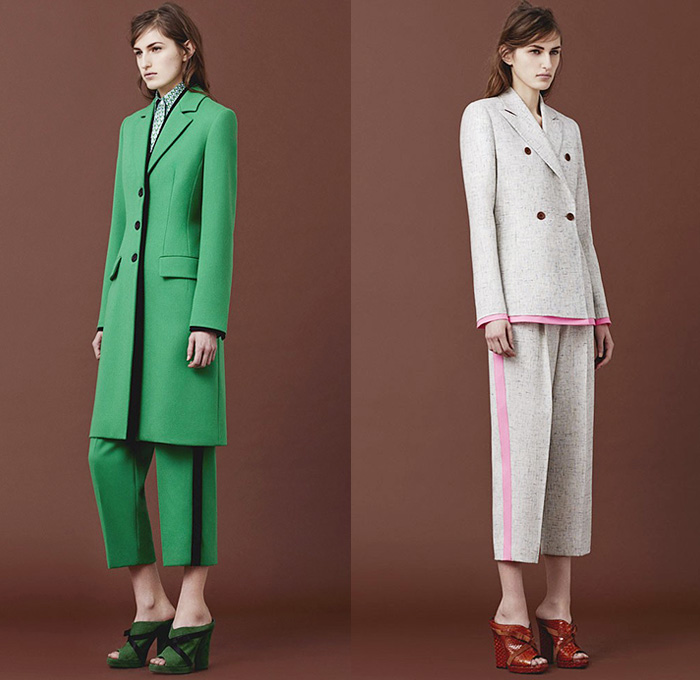 Jonathan Saunders 2015 Pre Fall Autumn Womens Lookbook Presentation - Pantsuit Windowpane Check Stripes Accordion Pleats Tiered Blazer Coat Outerwear Cropped Pants Trousers Double Breasted Shirtdress Asymmetrical Hem Cherry Blossoms Flowers Florals Botanical Print Graphic Pattern Long Sleeve Pencil Skirt Frock Chiffon Maxi Dress Mélange Wool