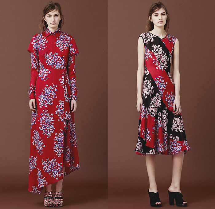 Jonathan Saunders 2015 Pre Fall Autumn Womens Lookbook Presentation - Pantsuit Windowpane Check Stripes Accordion Pleats Tiered Blazer Coat Outerwear Cropped Pants Trousers Double Breasted Shirtdress Asymmetrical Hem Cherry Blossoms Flowers Florals Botanical Print Graphic Pattern Long Sleeve Pencil Skirt Frock Chiffon Maxi Dress Mélange Wool