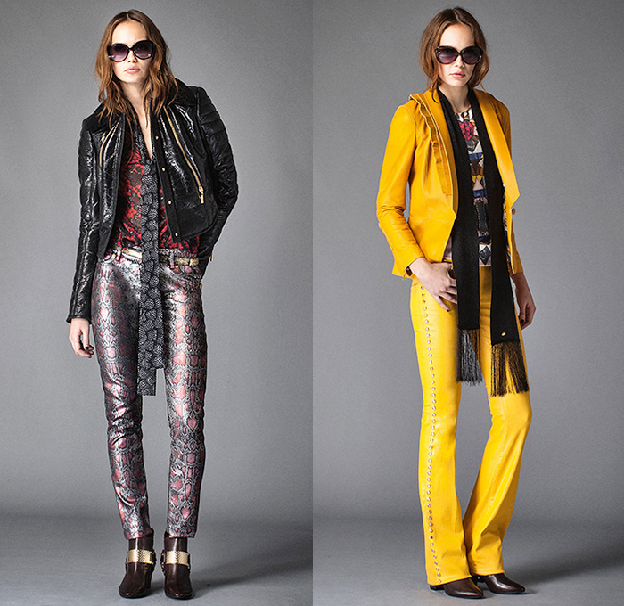 Just Cavalli 2015 Pre Fall Autumn Womens Lookbook Presentation - Leather Outerwear Jacket Snake Print Graphic Metallic Studs Sweater Jumper Slouchy Pants Trousers Furry Wide Waistband Maxi Dress Flame Knit Miniskirt Mulberries Reptile Baroque Viscose Leather Bodice Cashmere Flame Graphic