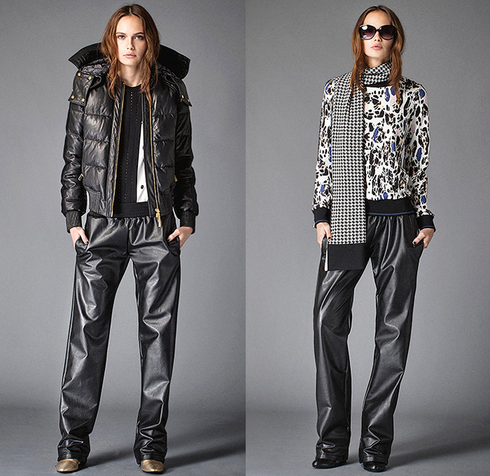 Just Cavalli 2015 Pre Fall Autumn Womens Lookbook Presentation - Leather Outerwear Jacket Snake Print Graphic Metallic Studs Sweater Jumper Slouchy Pants Trousers Furry Wide Waistband Maxi Dress Flame Knit Miniskirt Mulberries Reptile Baroque Viscose Leather Bodice Cashmere Flame Graphic