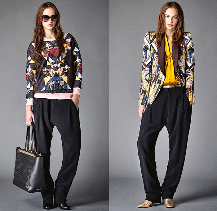 Just Cavalli 2015 Pre Fall Autumn Womens Lookbook Presentation - Leather Outerwear Jacket Snake Print Graphic Metallic Studs Sweater Jumper Slouchy Pants Trousers Furry Wide Waistband Maxi Dress Flame Knit Miniskirt Mulberries Reptile Baroque Viscose Leather Bodice Cashmere Flame Graphic