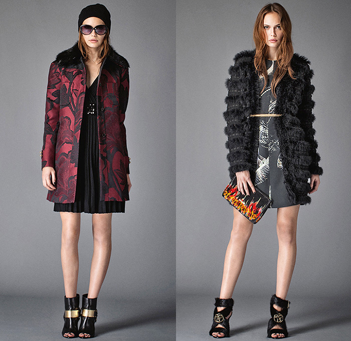 Just Cavalli 2015 Pre Fall Autumn Womens Lookbook Presentation - Leather Outerwear Jacket Snake Print Graphic Metallic Studs Sweater Jumper Slouchy Pants Trousers Furry Wide Waistband Maxi Dress Flame Knit Miniskirt Mulberries Reptile Baroque Viscose Leather Bodice Cashmere Flame Graphic