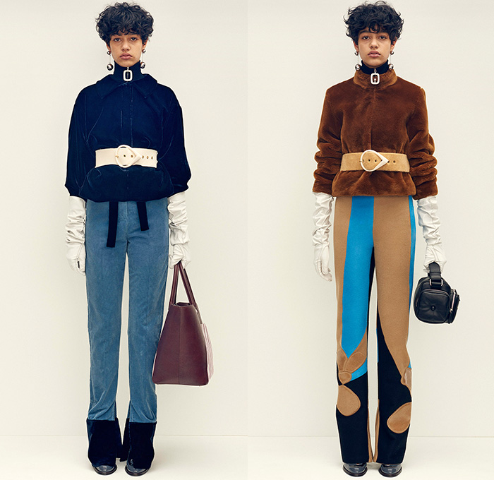 J.W.Anderson 2015 Pre Fall Autumn Womens Lookbook Presentation - 1970s Seventies Flare Windowpane Check Wide Belt Turtleneck Corduroy Gloves Knit Sweater Leather Mesh Embroidery Geometric Scarf Outerwear Jacket Shearling Gauntlet Handbag Fleece Terry Cloth Flap Pockets 3D Buttons Trench Coat Medieval Armor Chainlink Capelet Flowers Florals Miniskirt Skirt Frock Straps Belts Asymmetrical Hem Dress Ruffles