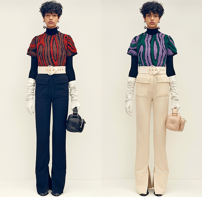 J.W.Anderson 2015 Pre Fall Autumn Womens Lookbook Presentation - 1970s Seventies Flare Windowpane Check Wide Belt Turtleneck Corduroy Gloves Knit Sweater Leather Mesh Embroidery Geometric Scarf Outerwear Jacket Shearling Gauntlet Handbag Fleece Terry Cloth Flap Pockets 3D Buttons Trench Coat Medieval Armor Chainlink Capelet Flowers Florals Miniskirt Skirt Frock Straps Belts Asymmetrical Hem Dress Ruffles