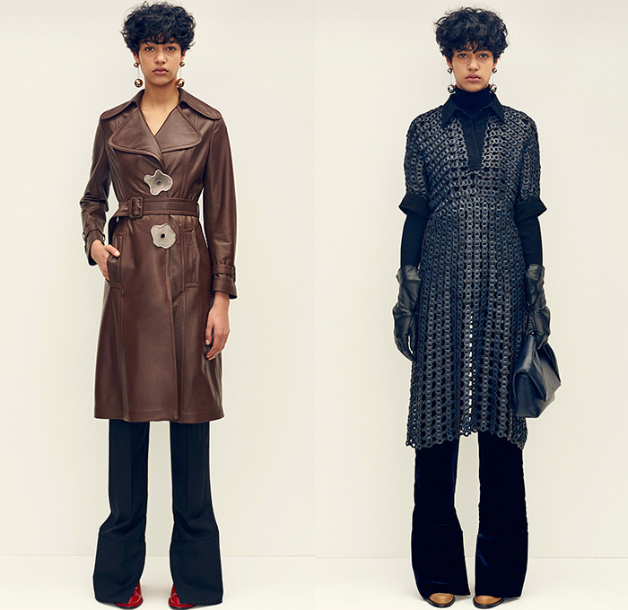 J.W.Anderson 2015 Pre Fall Autumn Womens Lookbook Presentation - 1970s Seventies Flare Windowpane Check Wide Belt Turtleneck Corduroy Gloves Knit Sweater Leather Mesh Embroidery Geometric Scarf Outerwear Jacket Shearling Gauntlet Handbag Fleece Terry Cloth Flap Pockets 3D Buttons Trench Coat Medieval Armor Chainlink Capelet Flowers Florals Miniskirt Skirt Frock Straps Belts Asymmetrical Hem Dress Ruffles