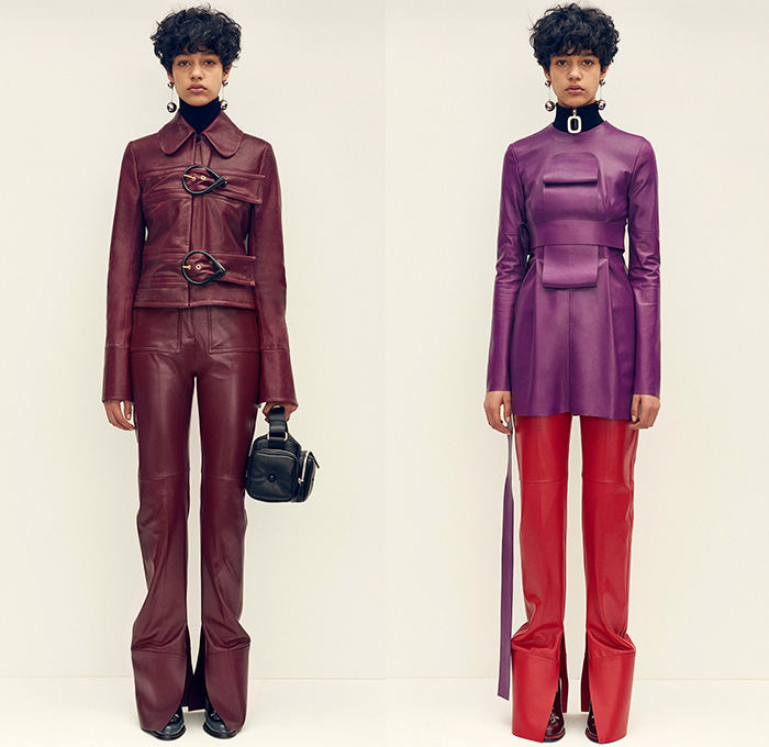 J.W.Anderson 2015 Pre Fall Autumn Womens Lookbook Presentation - 1970s Seventies Flare Windowpane Check Wide Belt Turtleneck Corduroy Gloves Knit Sweater Leather Mesh Embroidery Geometric Scarf Outerwear Jacket Shearling Gauntlet Handbag Fleece Terry Cloth Flap Pockets 3D Buttons Trench Coat Medieval Armor Chainlink Capelet Flowers Florals Miniskirt Skirt Frock Straps Belts Asymmetrical Hem Dress Ruffles