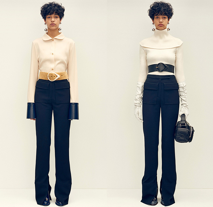 J.W.Anderson 2015 Pre Fall Autumn Womens Lookbook Presentation - 1970s Seventies Flare Windowpane Check Wide Belt Turtleneck Corduroy Gloves Knit Sweater Leather Mesh Embroidery Geometric Scarf Outerwear Jacket Shearling Gauntlet Handbag Fleece Terry Cloth Flap Pockets 3D Buttons Trench Coat Medieval Armor Chainlink Capelet Flowers Florals Miniskirt Skirt Frock Straps Belts Asymmetrical Hem Dress Ruffles