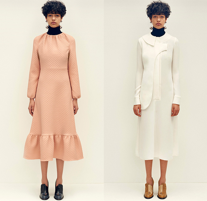 J.W.Anderson 2015 Pre Fall Autumn Womens Lookbook Presentation - 1970s Seventies Flare Windowpane Check Wide Belt Turtleneck Corduroy Gloves Knit Sweater Leather Mesh Embroidery Geometric Scarf Outerwear Jacket Shearling Gauntlet Handbag Fleece Terry Cloth Flap Pockets 3D Buttons Trench Coat Medieval Armor Chainlink Capelet Flowers Florals Miniskirt Skirt Frock Straps Belts Asymmetrical Hem Dress Ruffles