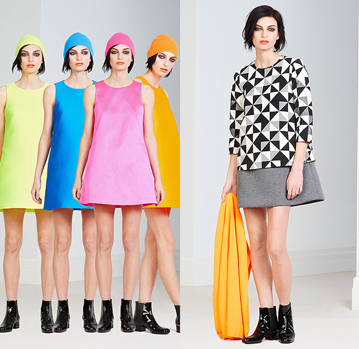 Lisa Perry 2015 Pre Fall Autumn Womens Lookbook Presentation - Colorful Solids Dress Knit Cap Geometric Drawstring Chevron Racing Checks Grid Crossword Puzzle Parka Beanie Diamonds Triangles Skirt Miniskirt Frock Strings Lines Hoodie Outerwear Jacket Pants Trousers Equal Sign Coat Neon Pink Orange Green Blue Check