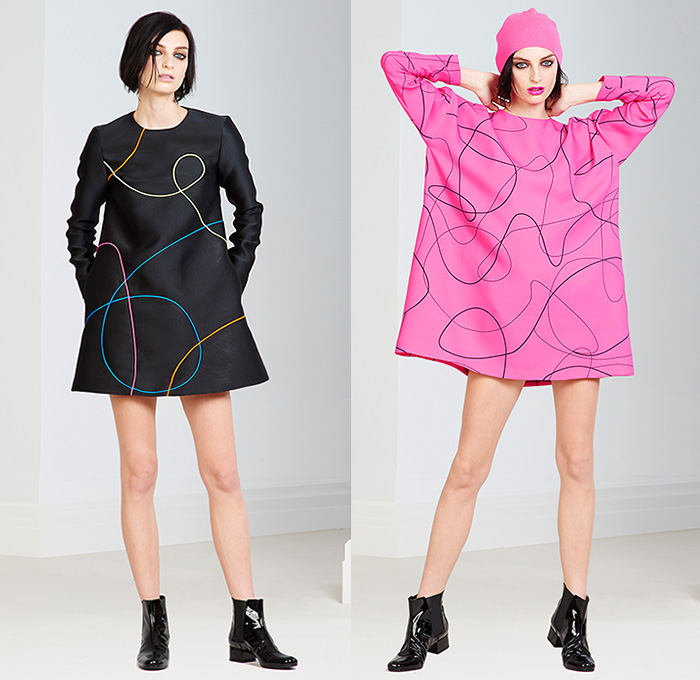 Lisa Perry 2015 Pre Fall Autumn Womens Lookbook Presentation - Colorful Solids Dress Knit Cap Geometric Drawstring Chevron Racing Checks Grid Crossword Puzzle Parka Beanie Diamonds Triangles Skirt Miniskirt Frock Strings Lines Hoodie Outerwear Jacket Pants Trousers Equal Sign Coat Neon Pink Orange Green Blue Check