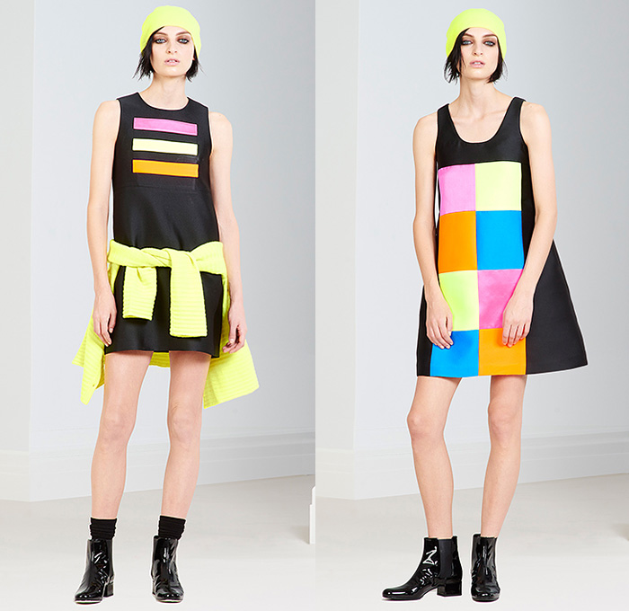 Lisa Perry 2015 Pre Fall Autumn Womens Lookbook Presentation - Colorful Solids Dress Knit Cap Geometric Drawstring Chevron Racing Checks Grid Crossword Puzzle Parka Beanie Diamonds Triangles Skirt Miniskirt Frock Strings Lines Hoodie Outerwear Jacket Pants Trousers Equal Sign Coat Neon Pink Orange Green Blue Check