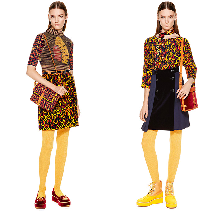 M Missoni 2015 Pre Fall Autumn Womens Lookbook Presentation - Zigzag Stripes Pantsuit Velvet Knit Leggings Fox Mittens Dress Sheer Geometric Ornamental Print Decorative Art Sweater Jumper Cubes Pants Trousers Cropped Pants Hoodie Animal Wide Leg Nautical Coatdress Outerwear Coat Gloves Ribbon Sleeveless Shirtdress Hat Duck Boots Sweaterdress Turtleneck Basketweave Sheer Chiffon Mix Match Shorts